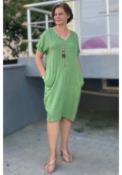 Mia Butik Büyük Beden Yeşil Kolye Hediyeli Salaş Elbise Yeşil