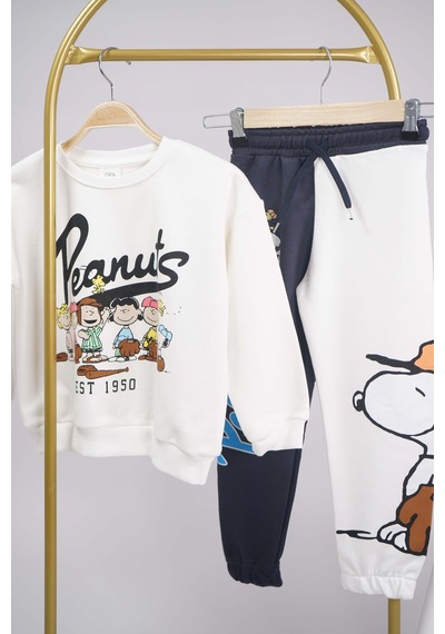 Yeni Sezon Peanust Snoopy Modelli Bisiklet Yaka Pamuk Eşofman Takımı Ekru