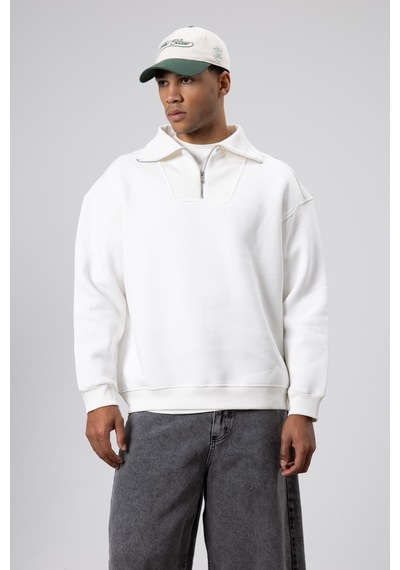 Vamos Basic Fermuarlı Dik Yaka Sweatshirt Ekru