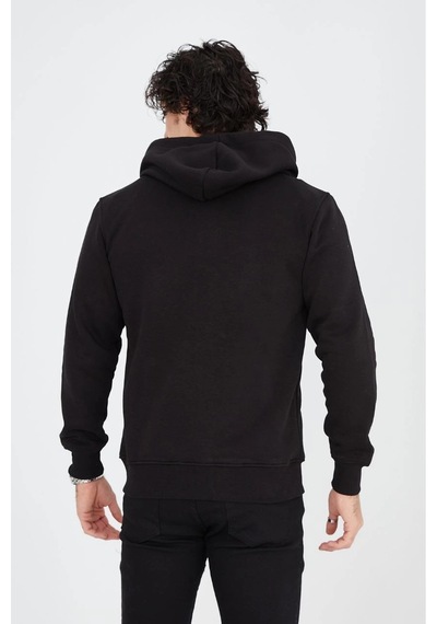 Erkek 3 İplik Pamuklu Kapüşonlu Tam Fermuarlı Cepli Hoodie Sweatshirt - Siyah