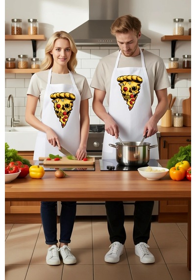 Unisex Mutfak Aşçı Önlüğü Kafatası Pizza Dilimi Baskılı Dtf Dijit Beyaz