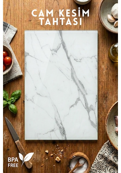 Klasik Mermer Desenli Cam Kesim Tahtası - 25x35cm -dayanıklı Ve Pratik Kesim Matı Beyaz