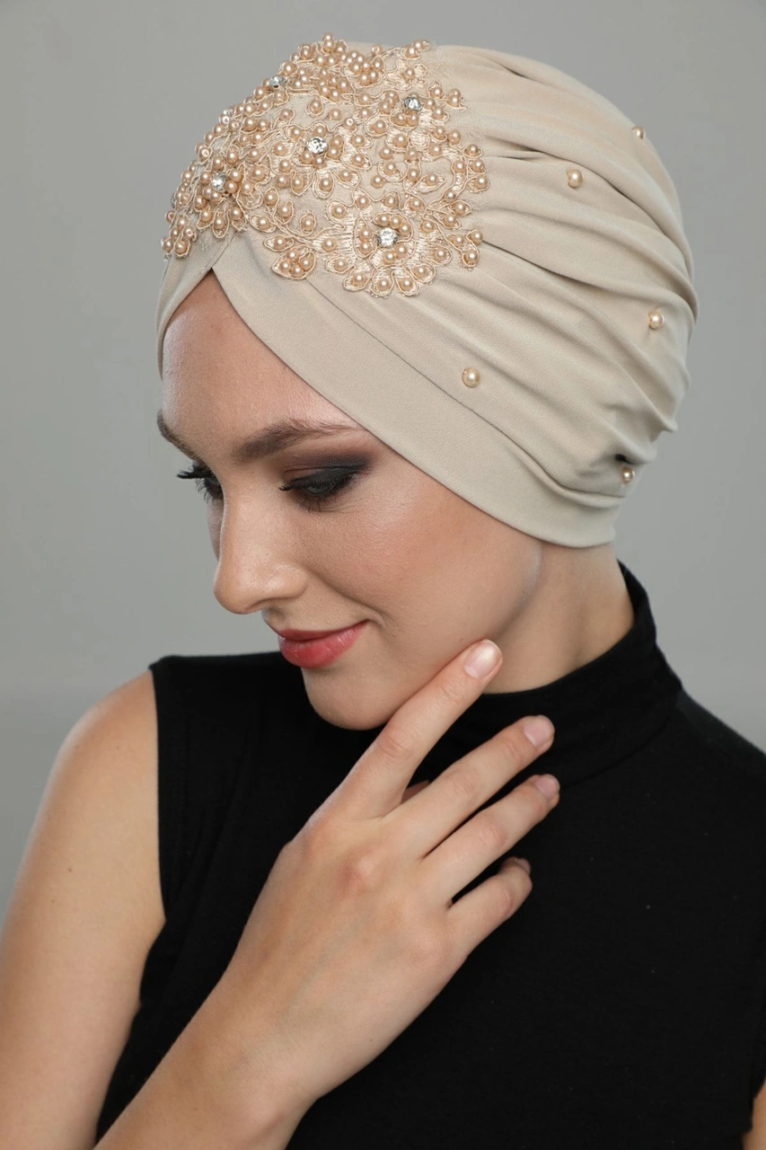 Elysianfidan Kopma Astarlı Işlemeli Bej Dantel Motifli Hazır Türban Tesettür Abiye Bone Bej Dantel