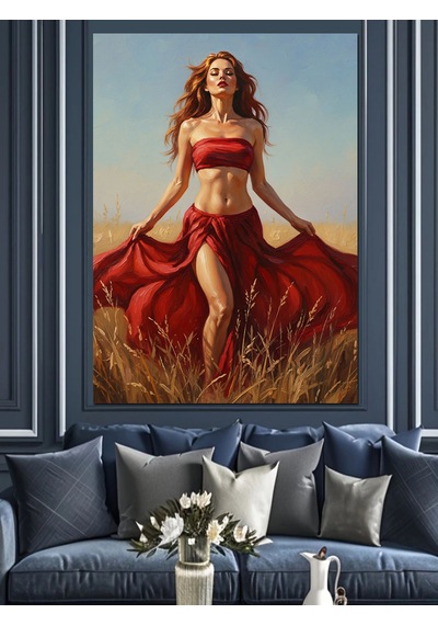 Kırmızı Elbiseli Seksi Pin-up Dekoratif Kanvas - Mdf Ahşap Tablo
