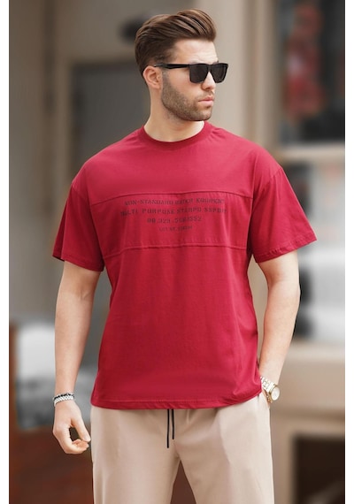 Madmext Bordo Oversize Bisiklet Yaka Baskılı Erkek Tişört 7018-bordo Bordo