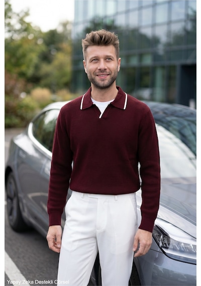 Kamalı Erkek Oversize Selanik Örgü Polo Yaka Triko Kazak Bordo