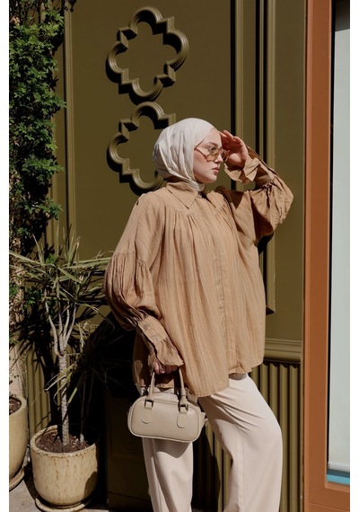 Şakika Kadın Büzgü Detaylı Premium Gömlek Camel