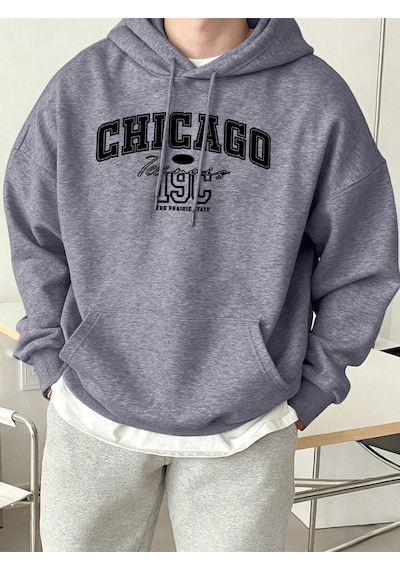 Startmore Startmorechicago Letter Yaratıcılık Baskılı Tişörtü Erkek Trendy Gevşek Spor Giyim Sıcak Temel Kapüşon Gri
