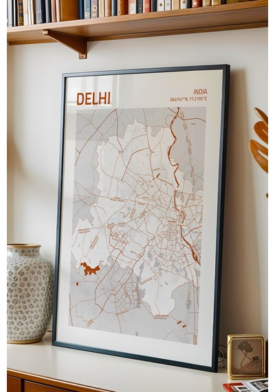 Delhi Hindistan India Haritası Çerçeveli Tablo Lüks Salon Ofis Duvar Dekorasyonu Hediyelik Tablo