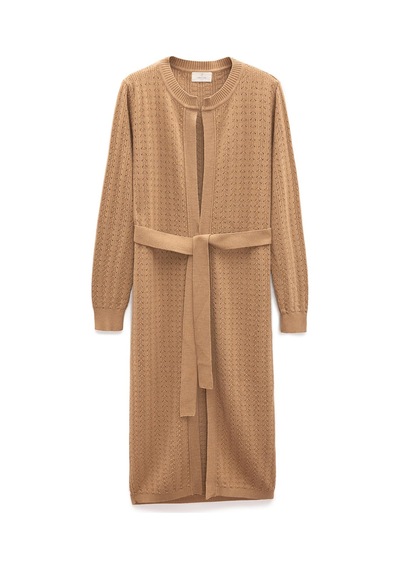 Peraluna Zeyna Mini Kabartma Örgülü Uzun Triko Hırka - Camel Camel
