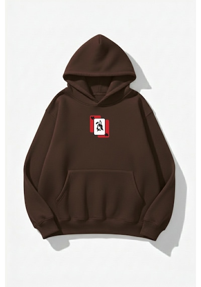 Uyguntarz Unisex Yumuşak Dokulu Playwoman Baskılı Tasarım Oversize 3 İplik Hoodie Sweatshirt Kahverengi
