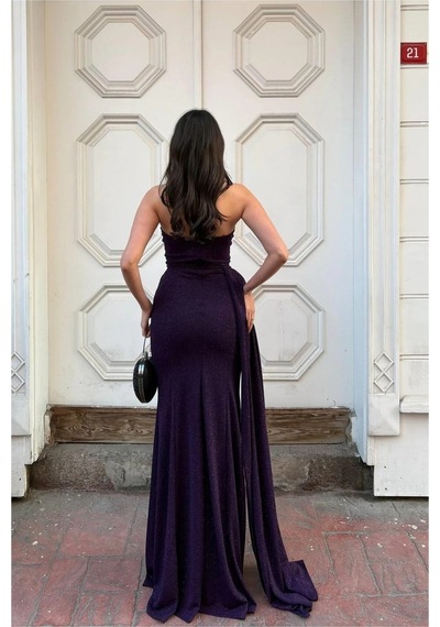 Taş Uzun Kollu Abiye Detaylı Elbise Mor