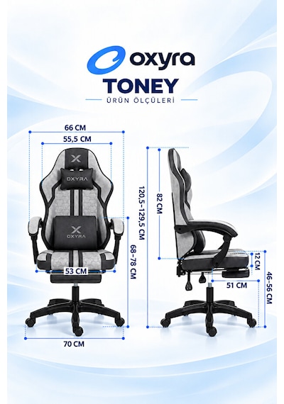 Oxyra Toney Premium Ergonomik Terletmez Kumaş Ayak Destekli Gri Oyuncu Koltuğu GRi Siyah