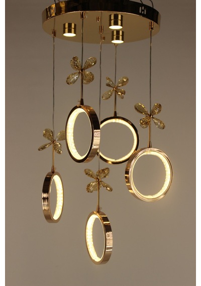 Galaksi Simli Halka Çemberli Seri Kelebek Detaylı Gold Modern Led Avize