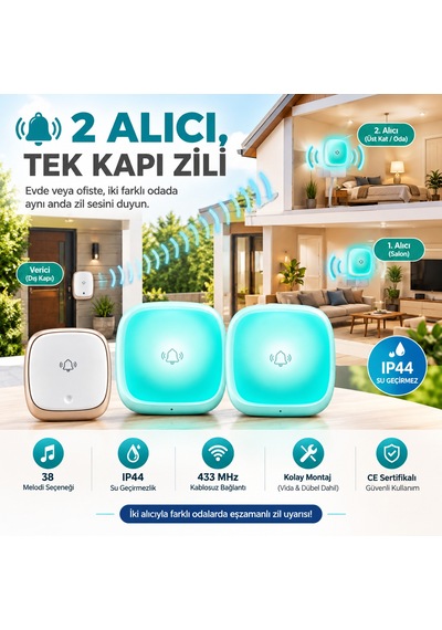 Hpytech Kablosuz Kapı Zili Seti 2 Alıcılı Ip44 Su Geçirmez 38 Melodi 433mhz Kolay Montaj