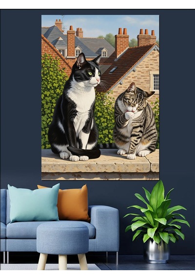 Ahşap Tablo Duvar Üstünde İki Kedi