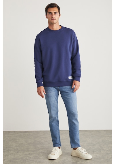 Grimelange Travıs Erkek Organik Kumaşlı Yumuşacık Regular Fit Yuvarlak Yakalı Lacivert Sweatshirt Lacivert