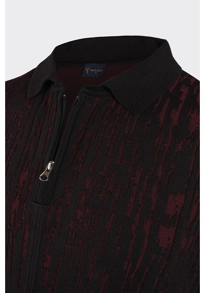 Polo Yaka Yarım Fermuarlı Premium Triko Kazak Bordo Siyah/bordo