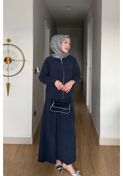 Mihran Butik Cupra Kumaş Lacivert Kadın Elbise Etek Takım Lacivert