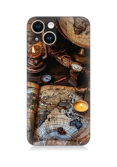 Apple Uyumlu iPhone 14 Harita Ve Pusula Desenli Silikon Kılıf Silikon