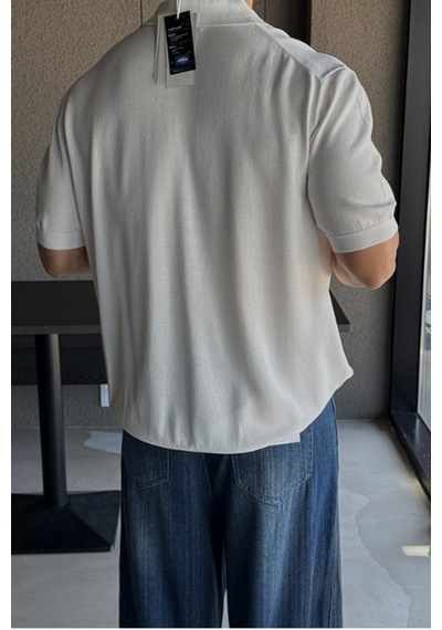 Tarz Cool Erkek Patlı Kısa Kollu Polo Yaka Triko T-shirt Kırık Beyaz