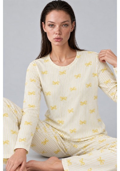 Kadın Çizgili Rahat Desenli İkili Sarı Pijama Takımı 4797