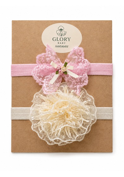 Glory Baby Kız Bebek Bandana 2'li Set Tül Fiyonk - Çiçek Tasarımlı Pembe-camel