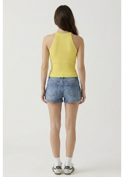 Neden Tekstil Kadın Fitilli Halter Yaka Crop Bluz - Sarı