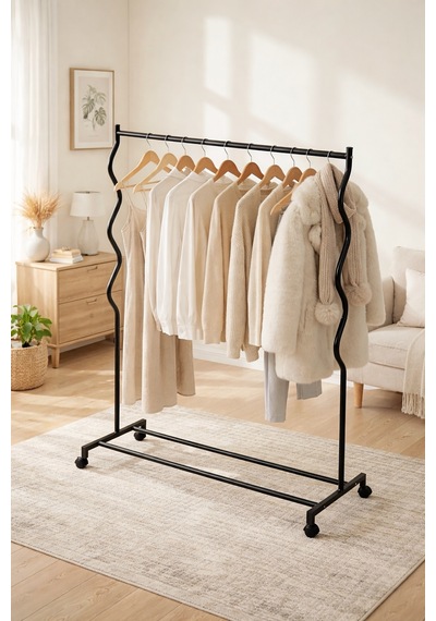 Modern Lüks Desenli Metal Tekerlekli Konfeksiyon Askılığı Kıyafet Askısı Stand Altın