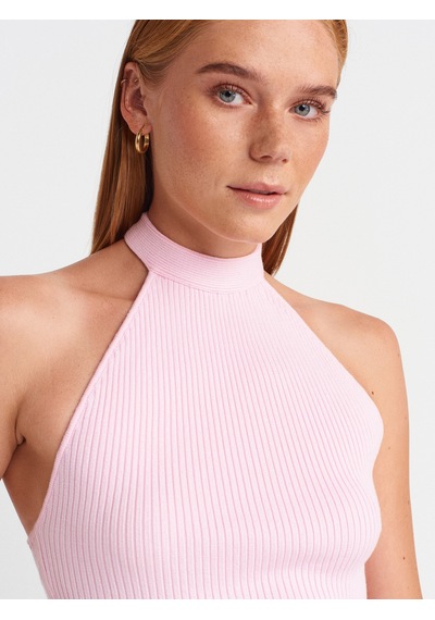 Dilvin 10798 Halter Bağlamalı Yaka Fitilli Triko Bluz-pembe Pembe