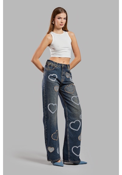 it's basic Kadın Kot Rengi Parlak Taşlı Kalp Detaylı Bol Kesim Tasarım Denim Jean Mavi