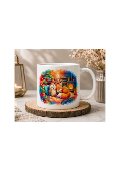 Tilki Ve Baykuş Seramik Kupa 300 Ml Çift Taraflı Baskı Cozy Orman Temalı Kahve Kupası Beyaz