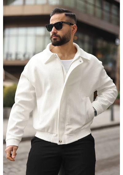 Yeni Sezon Dokulu Oversize Bol Kalıp Bomber Ceket Beyaz