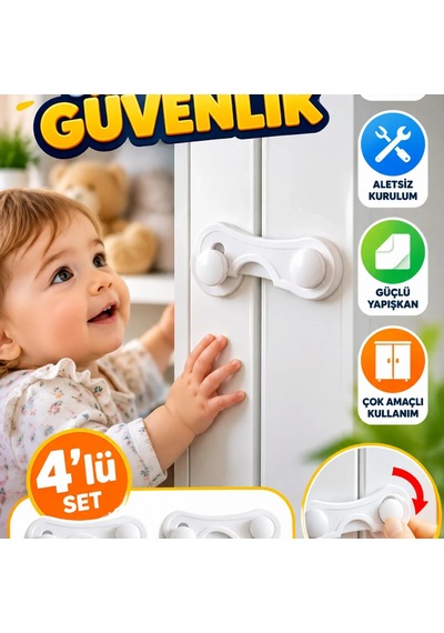 4'lü Çocuk Güvenlik Dolap Kilidi Yapışkanlı Çok Amaçlı Koruyucu Renkli
