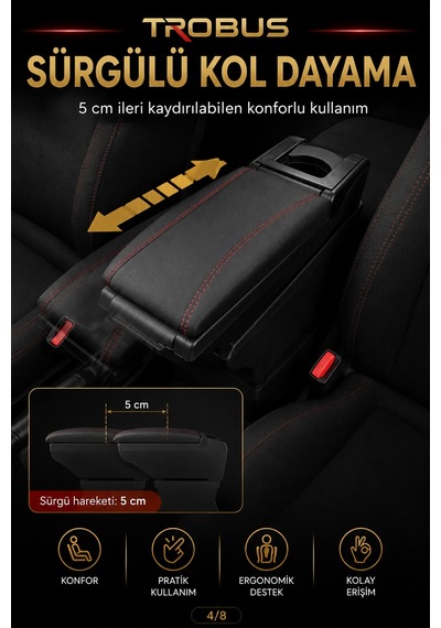 Trobus Toyota Corolla 1992-2007 Uyumlu Ayarlanabilir Ayaklı Kolçak Kol Dayama Siyah-kırmızı