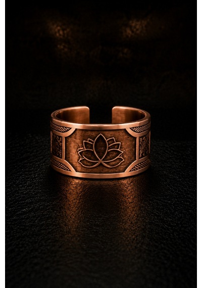 Erkek Bakır Yüzük Otantik El İşçiliği Ayarlanabilir Tasarım - Lotus Motifli