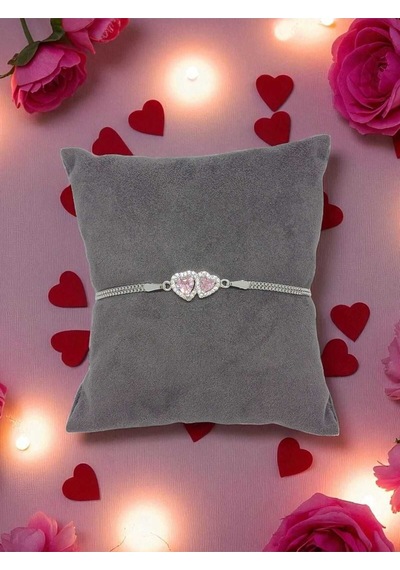 Taşlı Çift Kalpli 925 Ayar Gümüş Bileklik Romantik Ve Zarif Tasarım Pembe