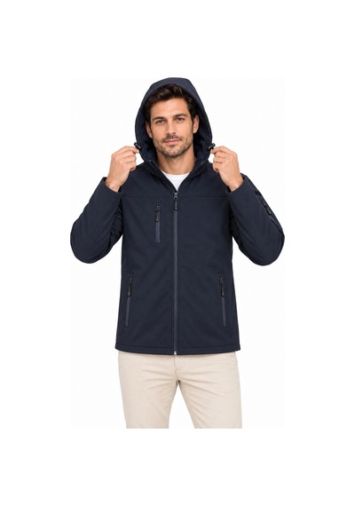 Barlashive Erkek Su Geçirmez Softshell İçi Polar Astarlı Çıkarılabilir Kapüşonlu 4 Cepli Mont Ceket - Lacivert Çok Renkli