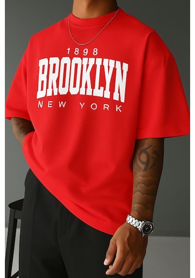Brooklyn Baskılı Unisex Tshırt 3q2 Kirmizi