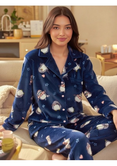 Rukod Kadın Mavi Penguen Desenli Polar Gömlek Yaka Düğmeli Uzun Altlı Pijama Takımı Lacivert Rukod Kadın Mavi Penguen Desenli Polar Gömlek Yaka Düğmeli Uzun Altlı Pijama Takımı Lacivert