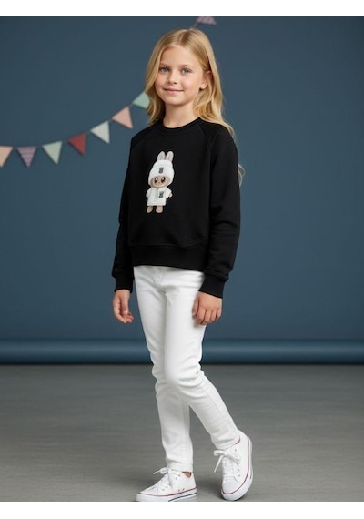 Kız Çocuk Pamuklu Karakter Baskılı Oversize Tasarım Sweatshirt-16454 Siyah