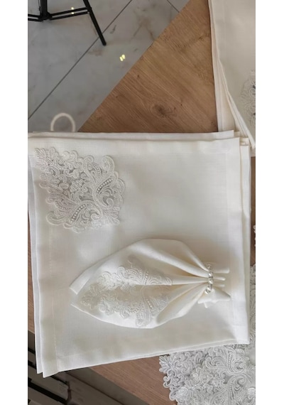 Sofra Takımı Mimoza Gardenya Keten Yemek Takımı 160x220 Masa Seti 26 Parça Runner Set Krem