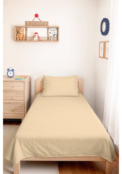 Krem Minimal Genç Odası Tek Kişilik Pike Takımı - Bej Geometrik 160x220 Cm Kapitone Yatak Örtüsü Ekru