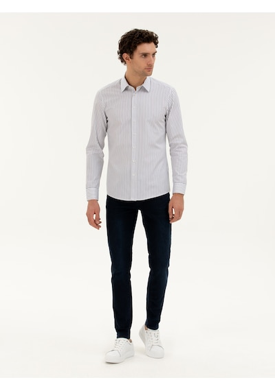 Cacharel Lacivert Slim Fit Pamuk Çizgili Gömlek