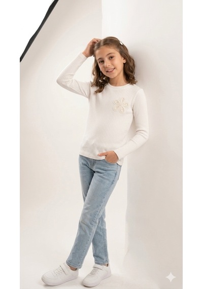 Kız Çocuk Fitilli Bluz Bre-22671 Ekru