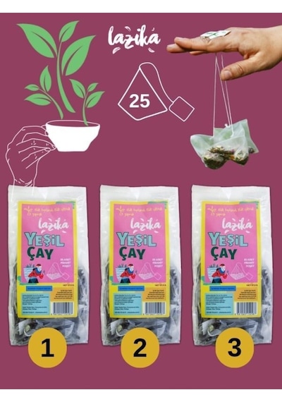 3'lü Set Avantajlı Yeşil Çay Seti- 3 25'li Pla Piramit Poşet, Doğal İçerikli Kaynağı, 2.5 Yaprak Çay