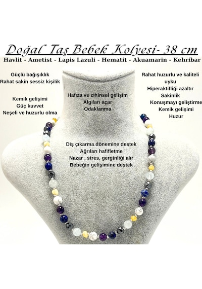 Sertifikalı Doğal Taş Bebek Kolyesi Havlit Ametist Lapis Hematit Akuamarin Kehribar - 38 Cm Çok Renkli