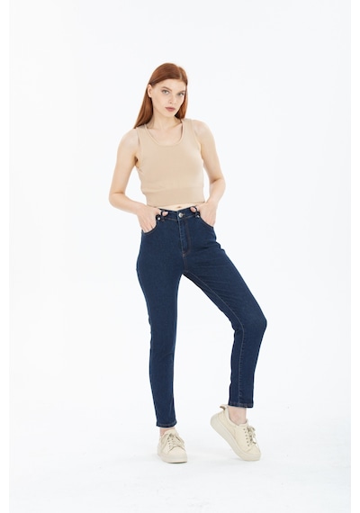 Kadın Mavi Yüksek Bel Yumuşak Dokunuşlu Rahat Kesim Mom Jeans Kot Pantolon Koyu Mavi