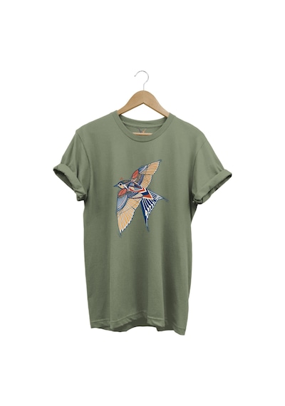 Kırlangıç Kuşu Dekoratif Baskılı %100 Pamuk Regular Fit Unisex T-shirt Haki