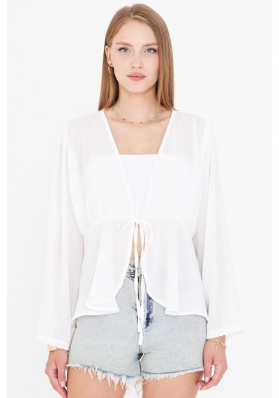 Armonika Kadın Beyaz Önden Bağlama Detaylı Şifon Kimono Hırka Arm-25y001072